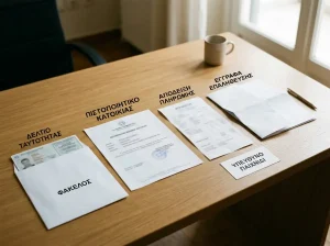 Ταυτότητα, έγγραφο κατοικίας και απόδειξη πληρωμής οργανωμένα για έλεγχο λογαριασμού