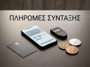 Κάρτα πληρωμής, κινητό πορτοφόλι και αφηρημένα σύμβολα κρυπτονομισμάτων πάνω σε γραφείο